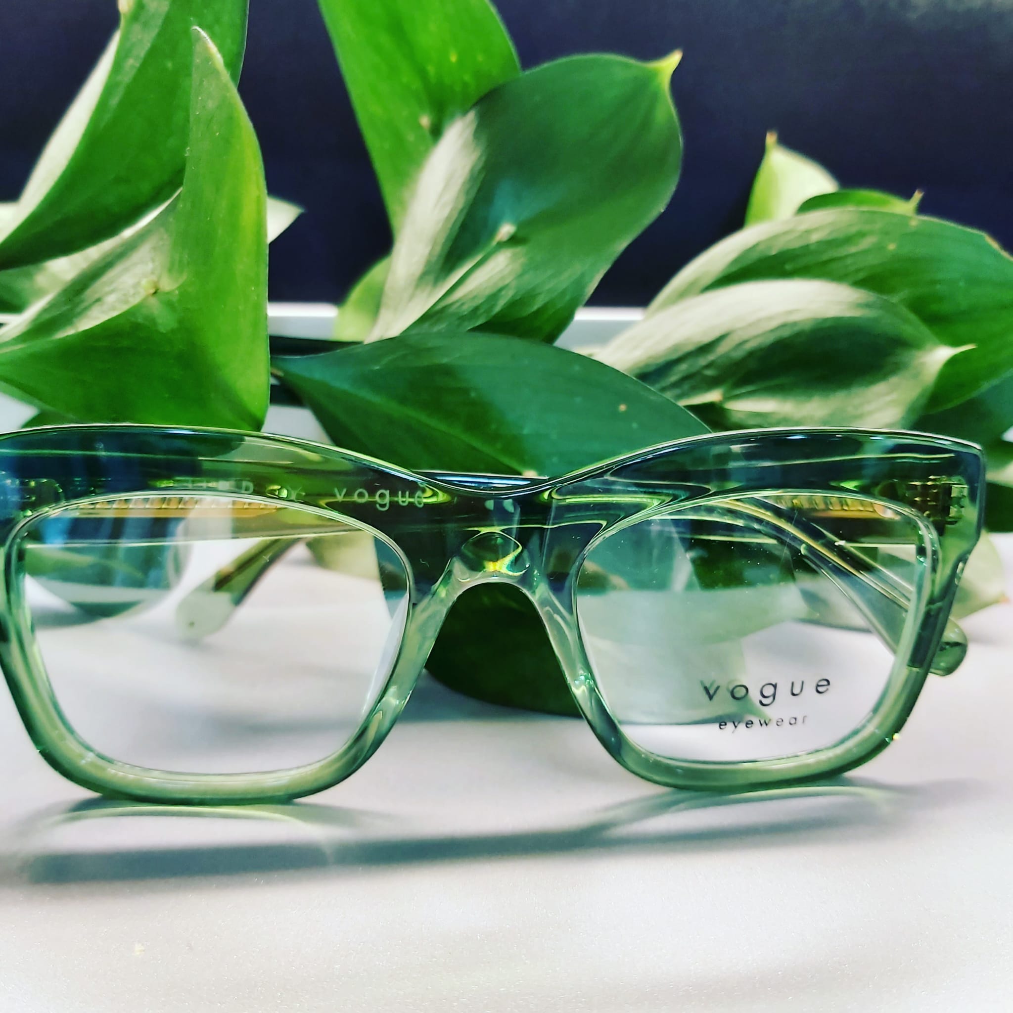 Gafas de montura verde transparente marca Vogue Eyewear frente a hojas verdes decorativas.